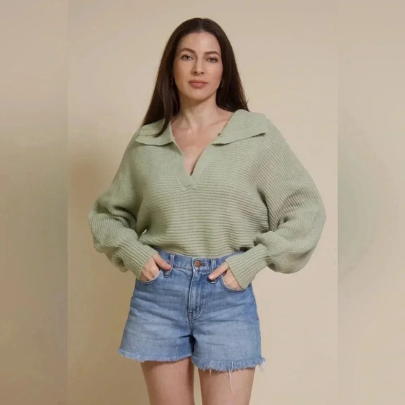 Green Collared Knit Sweater with Balloon Sleeves- Mable - Picture 2 of 6